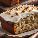 Sliced banana bread with cream cheese frosting on a wooden board