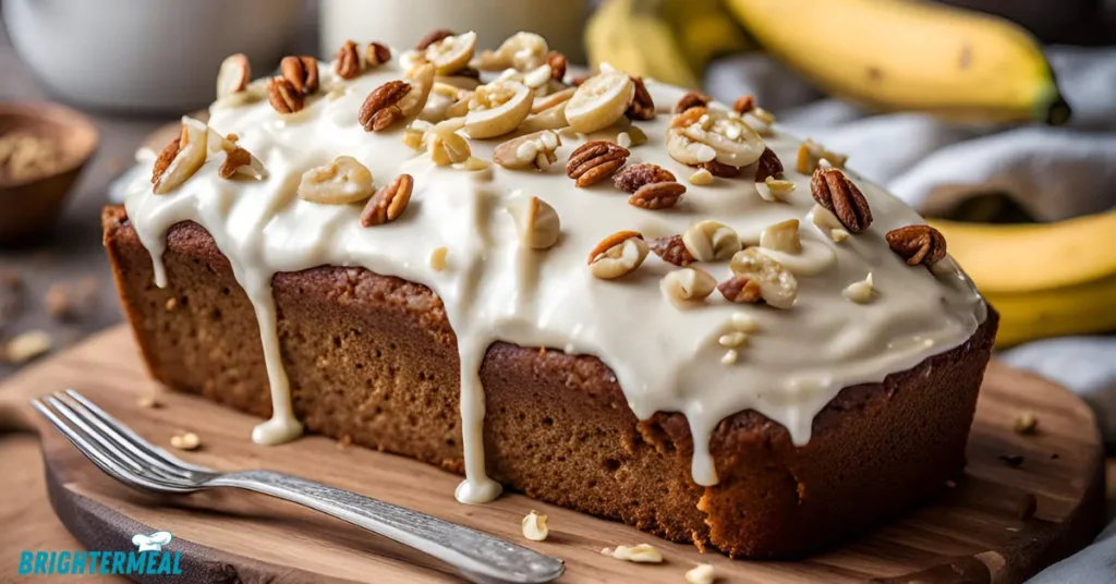 Freshly baked banana bread loaf cooling on a rack
