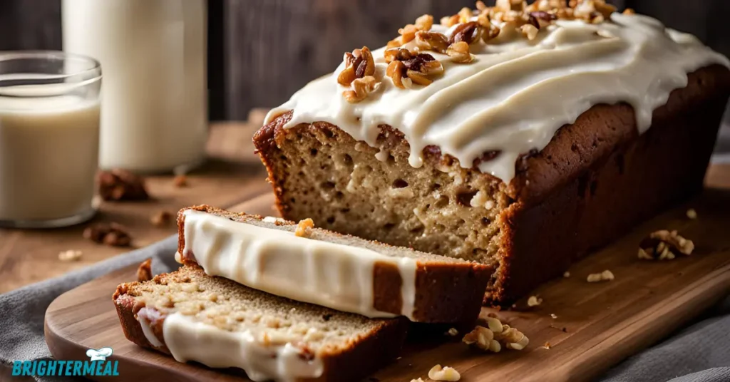 Close-up of the banana bread with cream cheese frosting