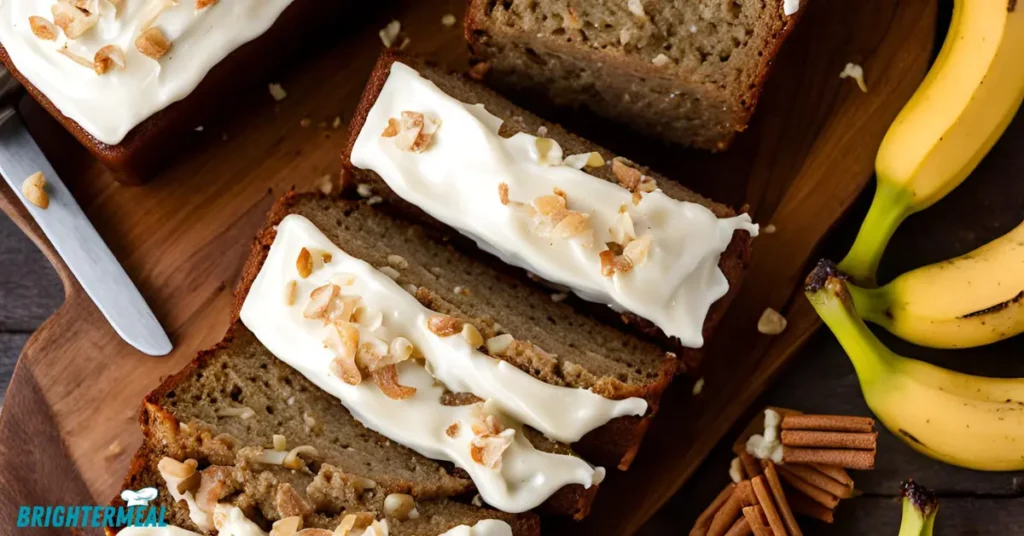 Frosted banana bread garnished with walnut pieces