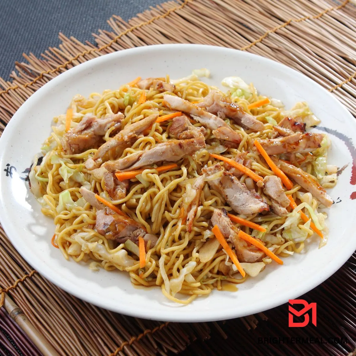 Finished Chicken Chow Mein served on a white plate