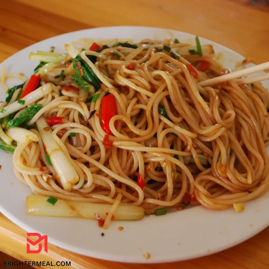 Freshly prepared Veggie Lo Mein with colorful vegetables and savory noodles.