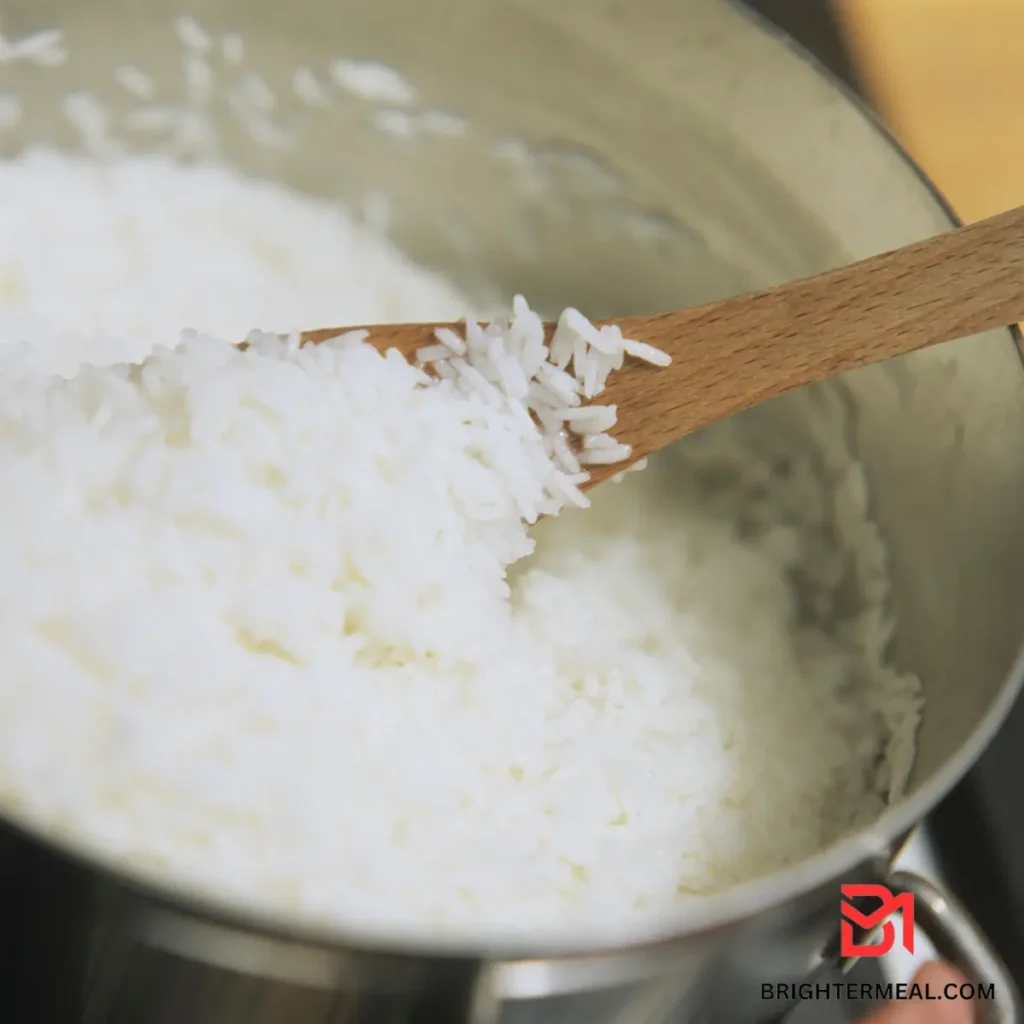Fluffy white rice in a saucepan