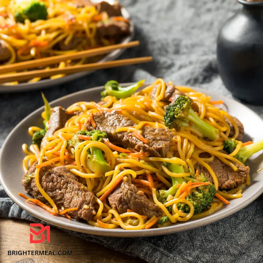 A dish featuring tender strips of meat and a variety of stir-fried produce.
