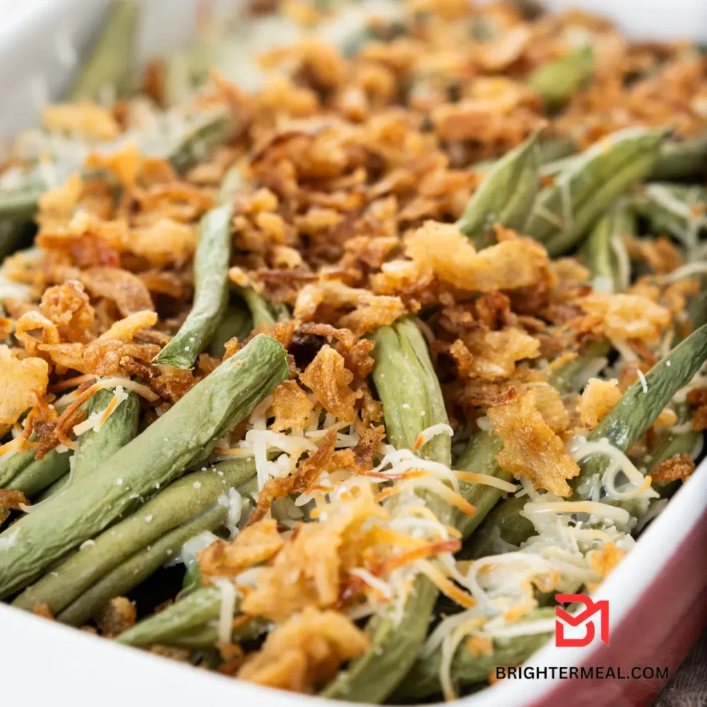 Freshly baked green bean casserole topped with crispy onions, ready to serve