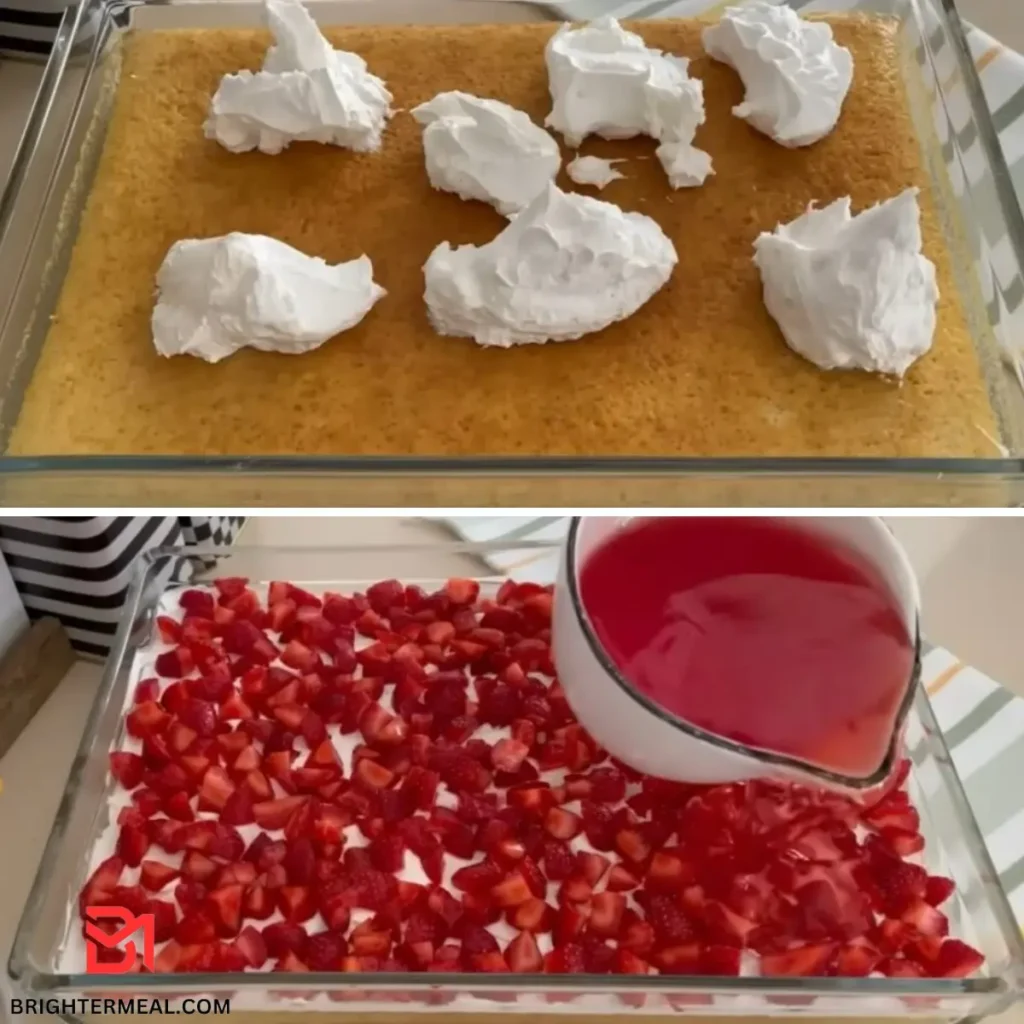 Tempting strawberry cake topped with creamy frosting