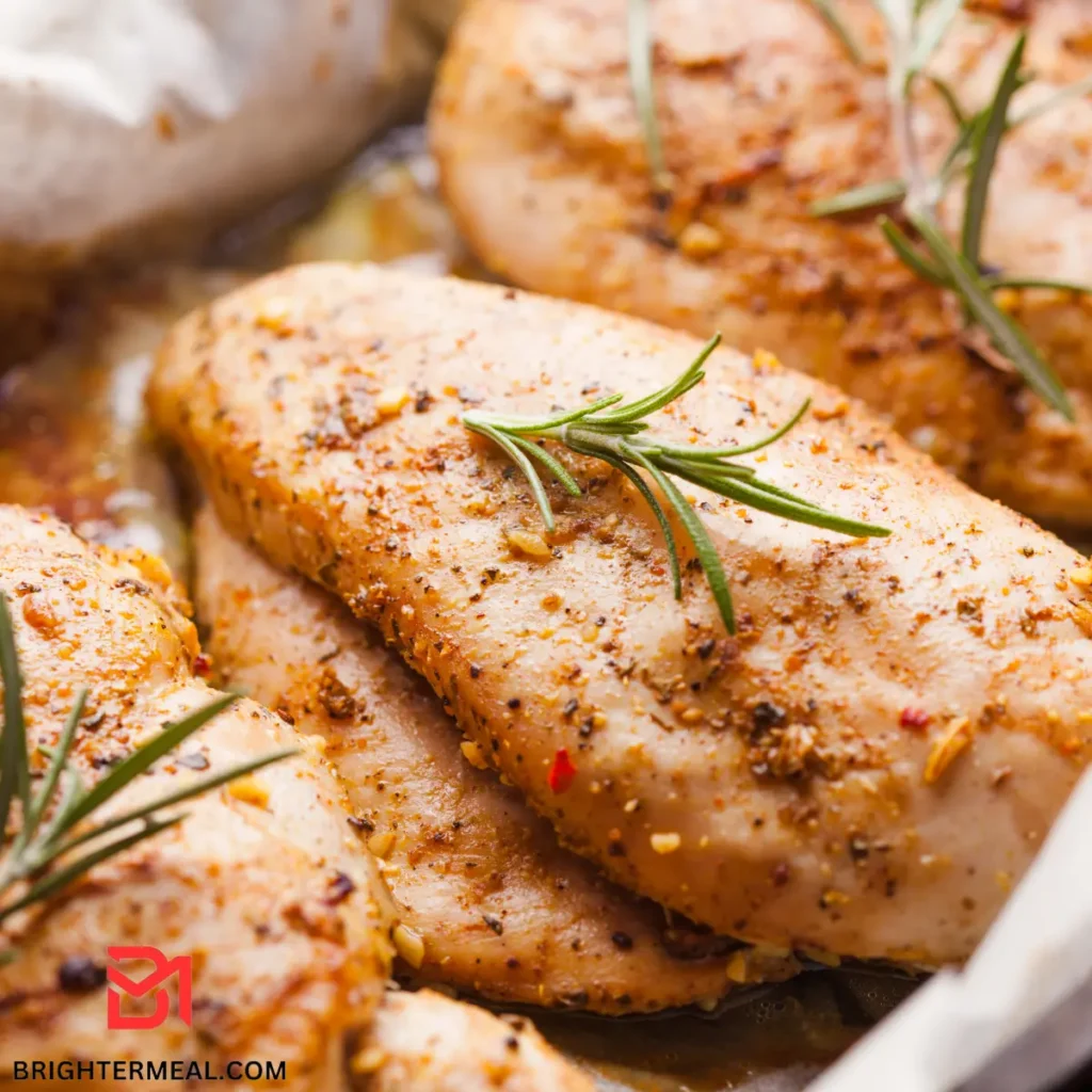 Chicken breasts being seasoned with spices on a cutting board.