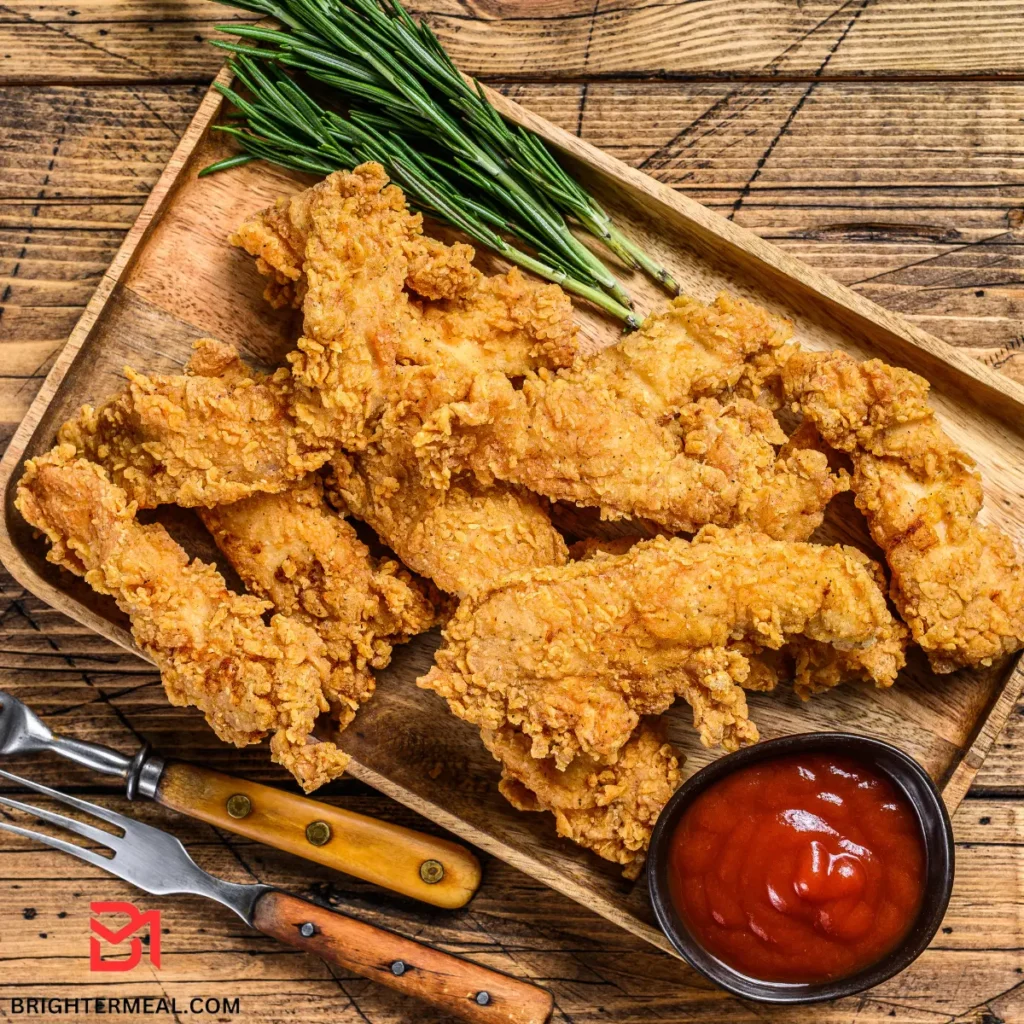 Golden and crispy air fryer chicken tenders served with lemon wedges.