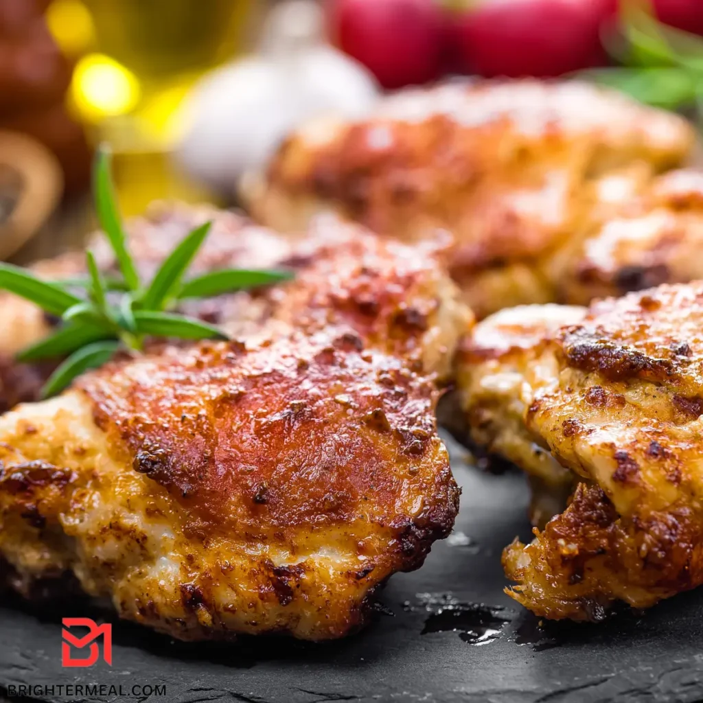 Juicy air fryer chicken thighs with crispy skin served on a plate