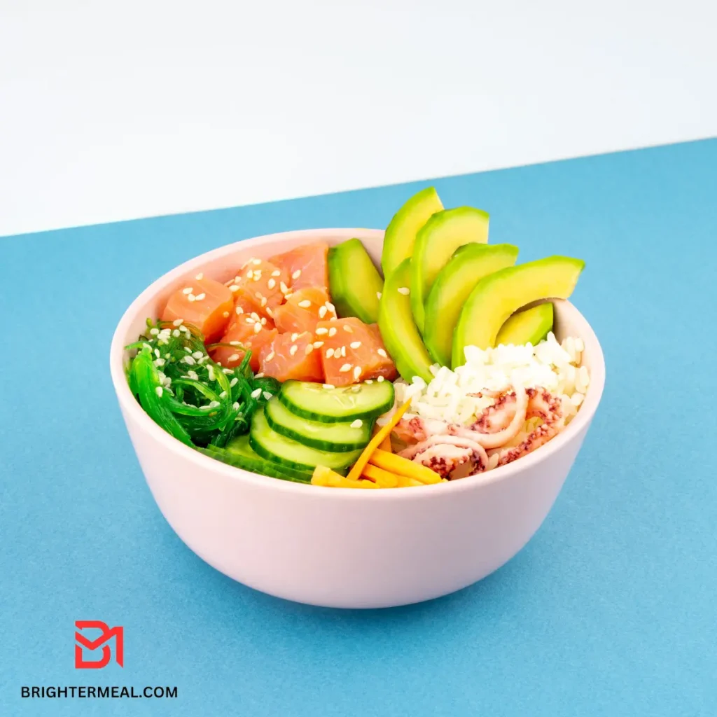 Close-up of a colorful poke bowl featuring diced ahi tuna