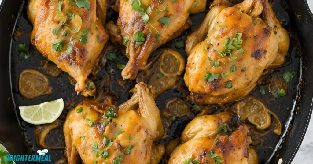 A skillet showing juicy chicken breasts topped with melted cheese and crumbled bacon.
