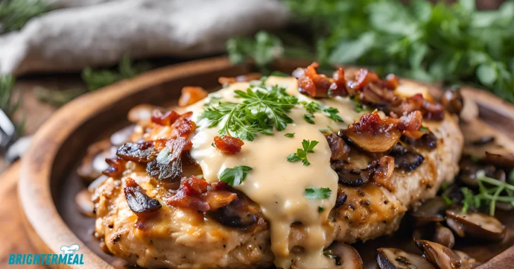 Golden brown chicken breasts topped with crispy bacon, melted cheese, and a drizzle of barbecue sauce.
