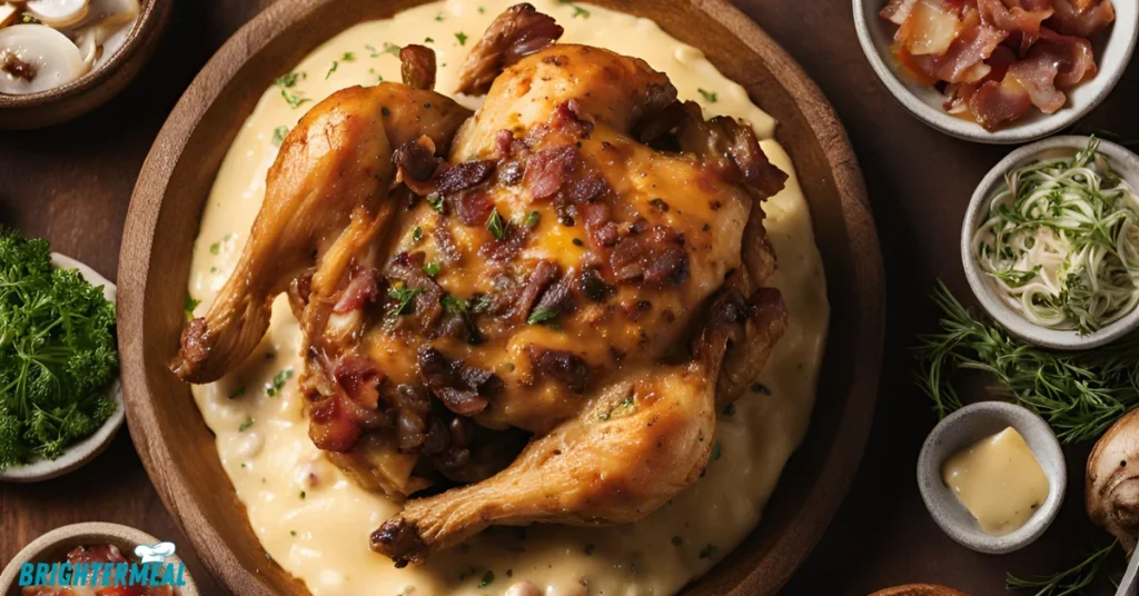 Sliced Springs Chicken showcasing the cheese and bacon topping, served with a fresh green salad.