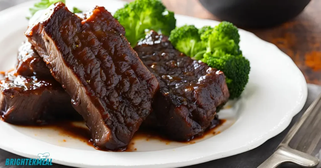 Tender boneless beef ribs served with a side of mashed potatoes.
