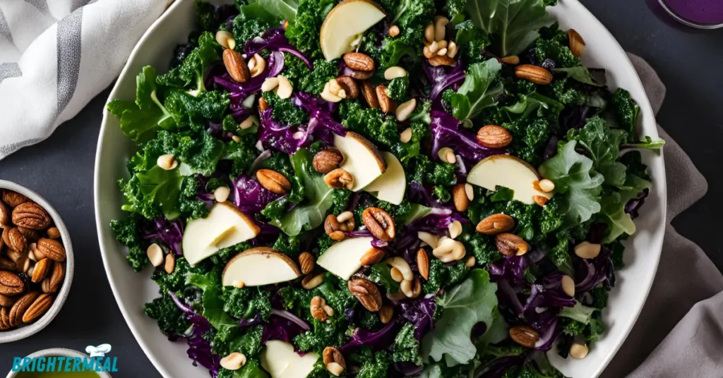 Assembling the kale and broccolini salad in a bowl.