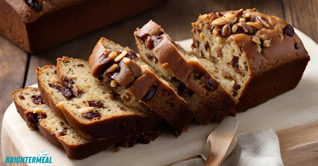 Freshly baked date nut bread loaf cooling on a wire rack.