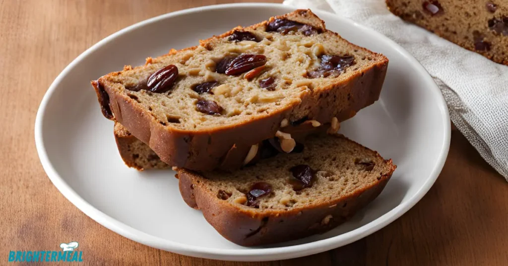 Sliced date nut bread served with a pat of butter.