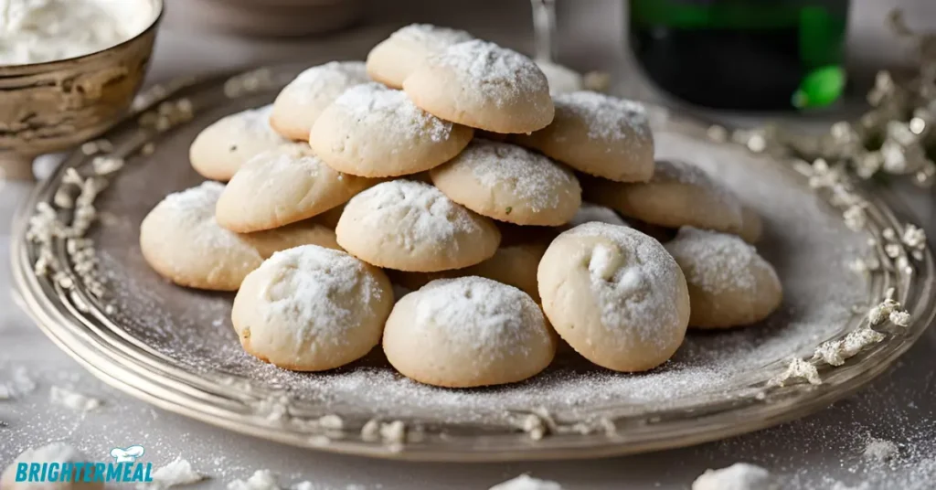 Close-up of a hand rolling cookie dough balls for Italian Wedding Cookies.