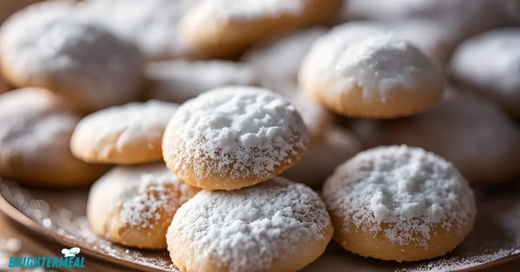 Italian Wedding Cookies arranged with festive decorations.