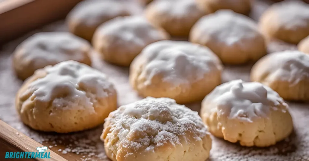 Baking sheet filled with freshly baked Italian Wedding Cookies.
