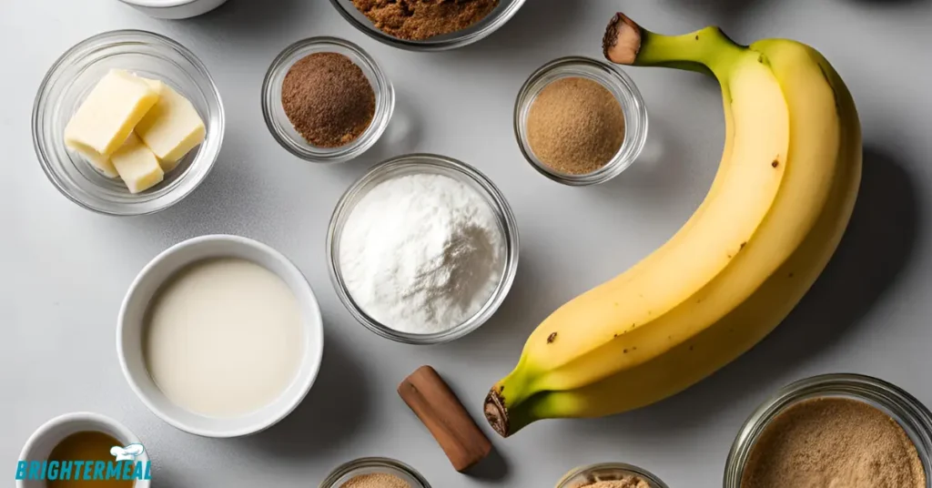 Ingredients for Starbucks Banana Bread recipe, including bananas, walnuts, eggs, flour, sugar, and vanilla extract.