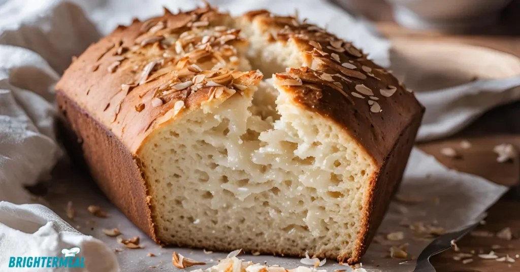 Close-up of moist and fluffy coconut bread texture.