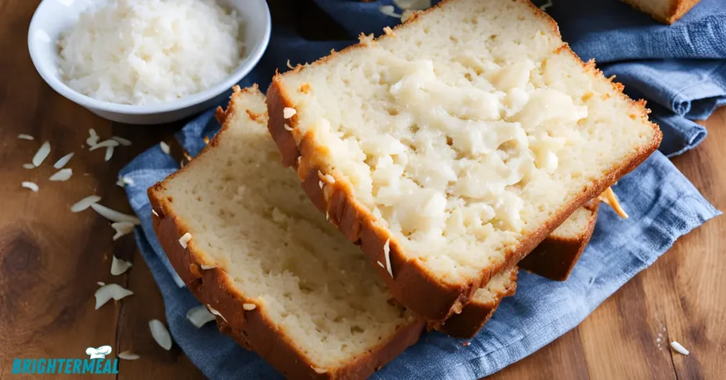 A mixing bowl with coconut bread ingredients like shredded coconut and flour.