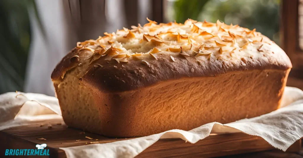 Buttered slice of coconut bread served with coffee.