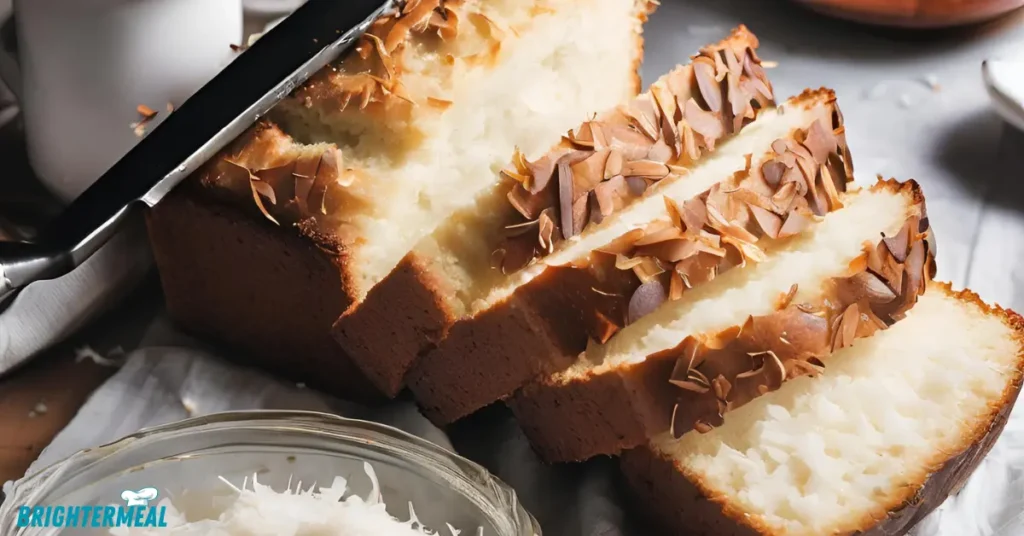Loaf of coconut bread being sliced with a sharp bread knife.
