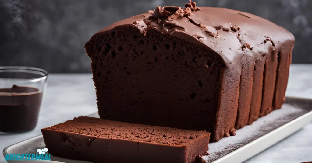 Image of rich chocolate pound cake sliced and ready to serve.