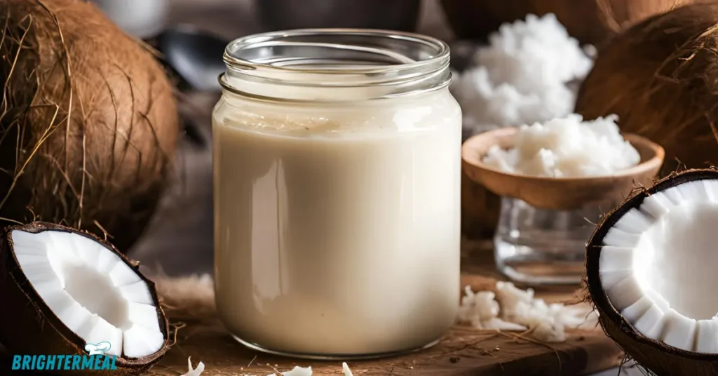Coconut condensed milk served with a slice of vegan cake.
