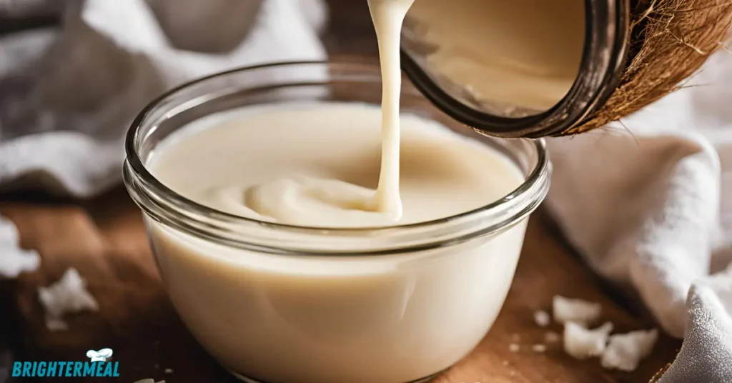 Close-up of simmering coconut milk and sugar mixture in a saucepan.
