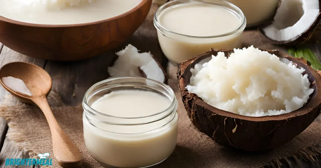 A glass jar filled with thick, creamy coconut condensed milk, topped with a spoon.