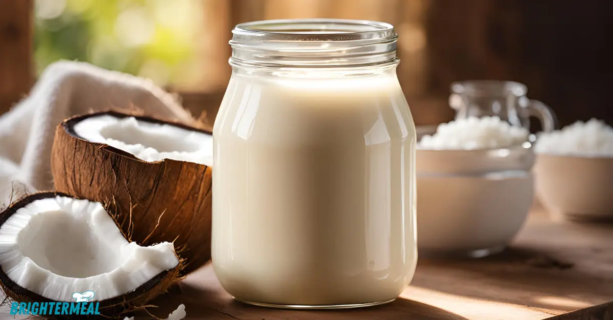 A spoon dipped into a jar of creamy coconut condensed milk.