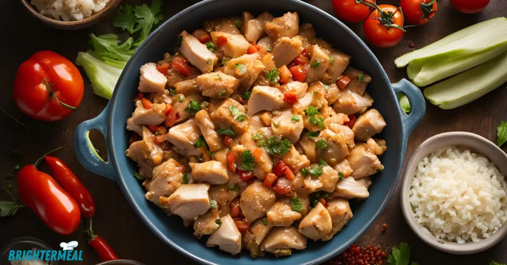 Pan of stir-fried diced chicken with mixed vegetables