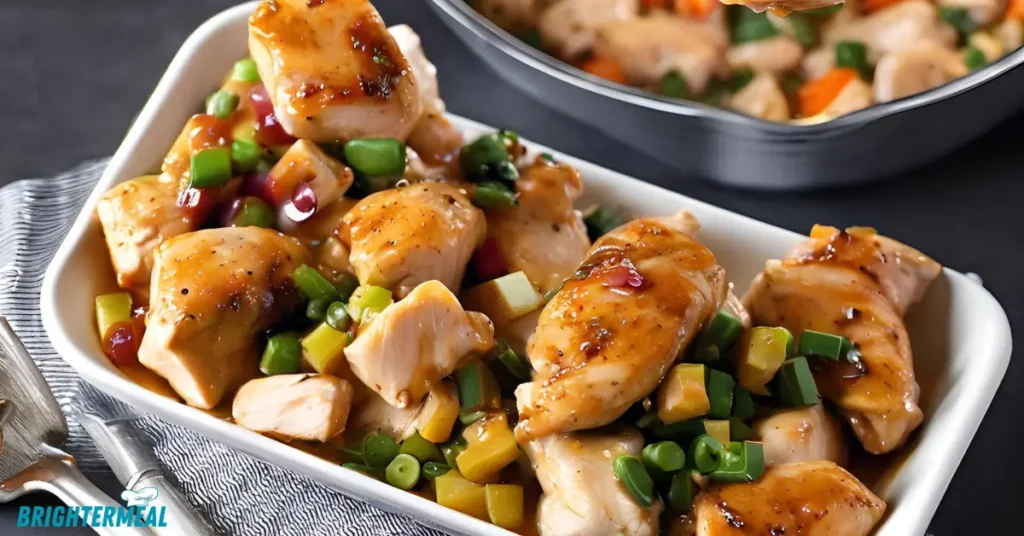 Diced chicken on a grill with a smoky char