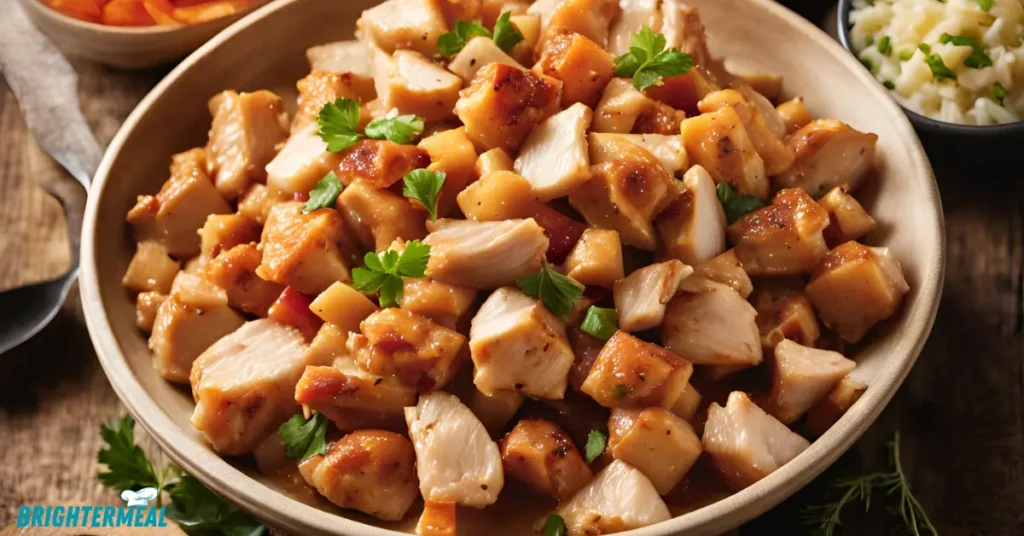 Grilled diced chicken served on a plate with herbs and vegetables