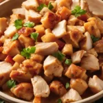 Grilled diced chicken served on a plate with herbs and vegetables