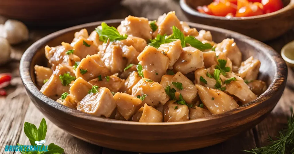 Close-up of diced chicken cooking in a pan with seasonings