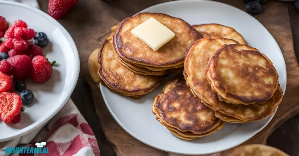 Hoe cake served with honey drizzle on a white plate.