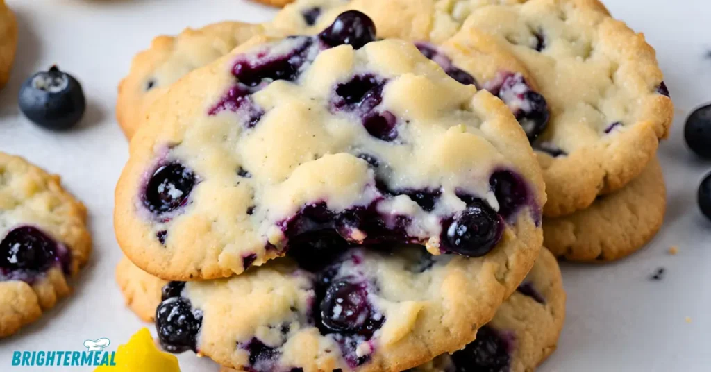 A close-up shot of lemon blueberry cookie dough being folded with blueberries.