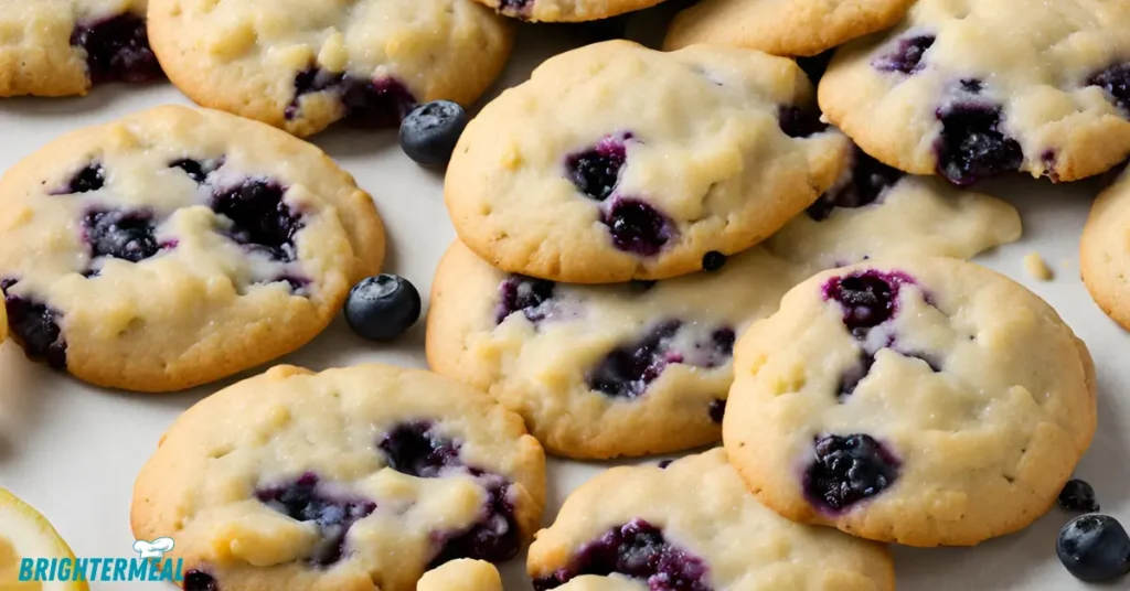 Freshly baked lemon blueberry cookies cooling on a wire rack.