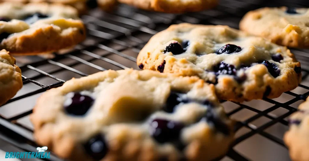 A stack of lemon blueberry cookies on a plate with fresh blueberries and lemon wedges.