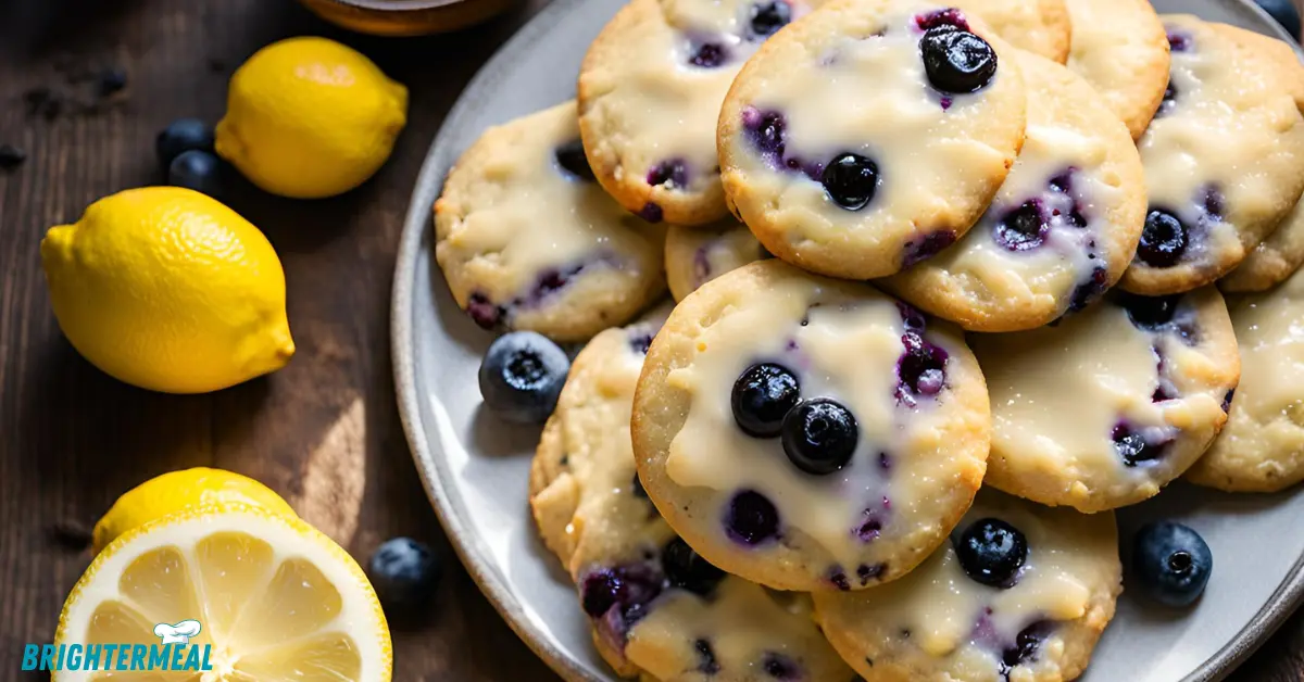 A delicious bite out of a lemon blueberry cookie showing the juicy blueberries inside.