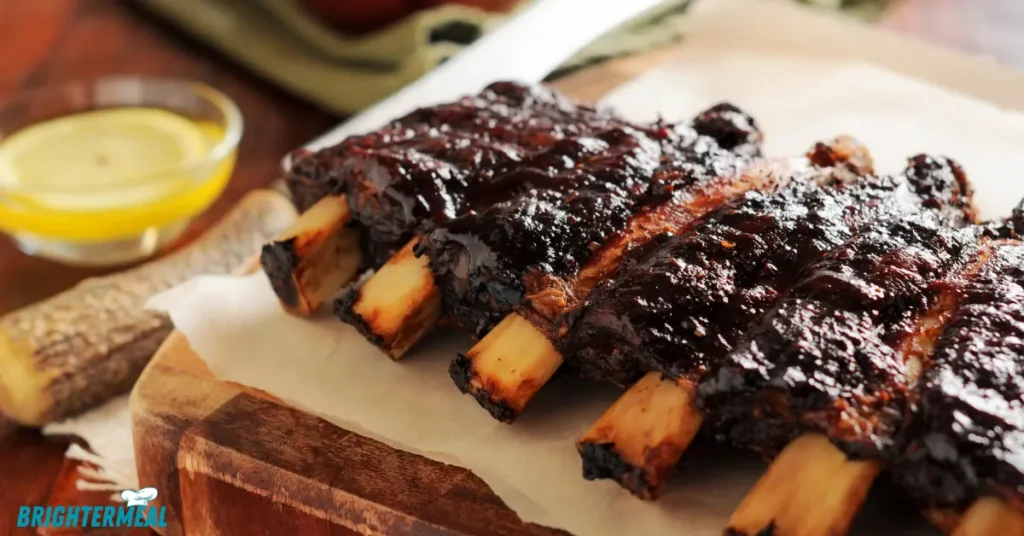 Oven-baked beef back ribs wrapped in foil for tenderness.