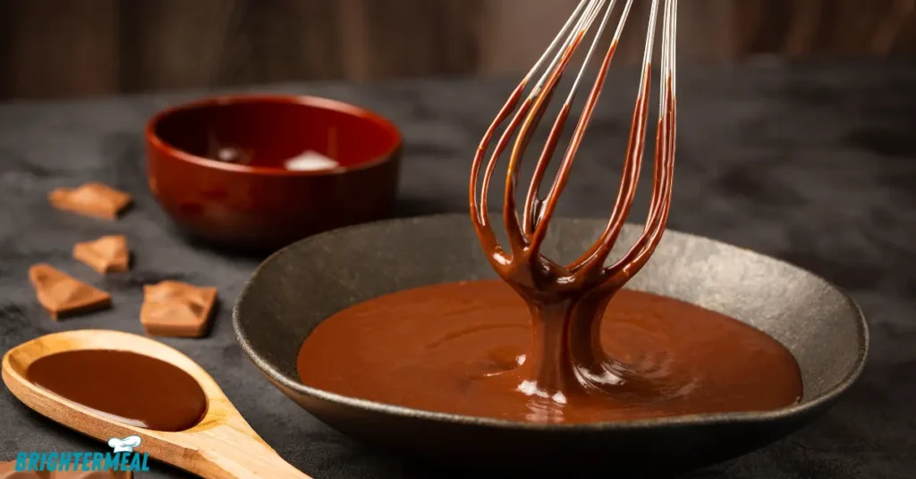 Hot biscuits on a plate with chocolate gravy drizzled over them.