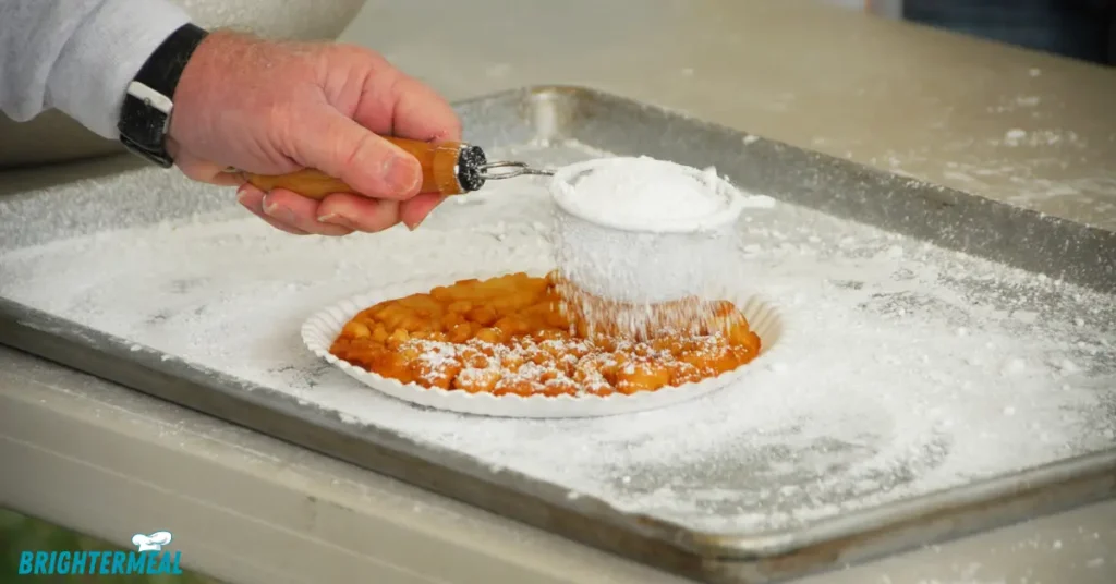 Funnel cakes served on a tray with powdered sugar