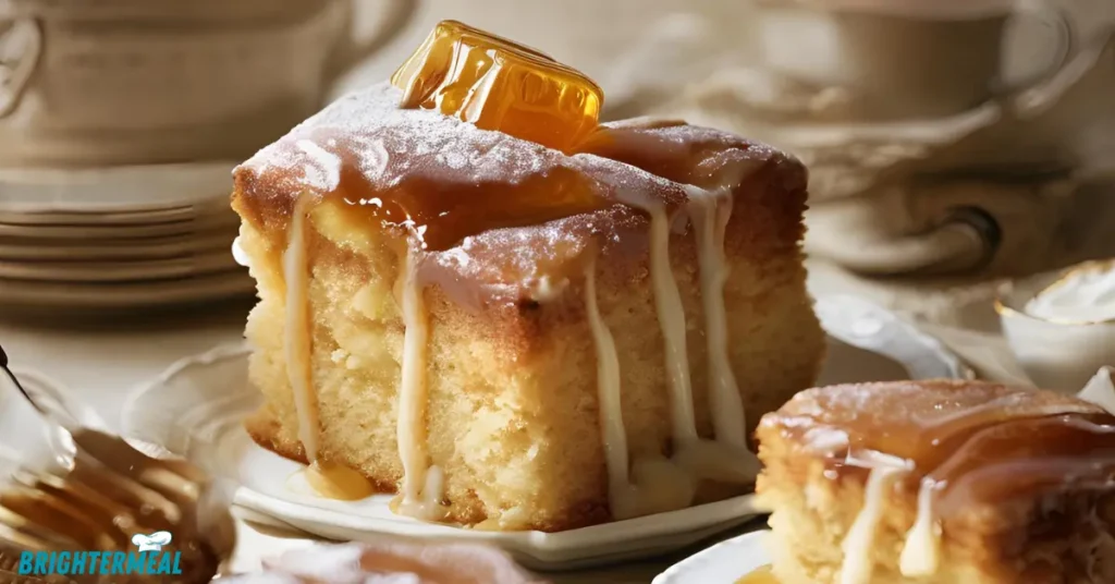 Close-up of honey bun cake with powdered sugar glaze.