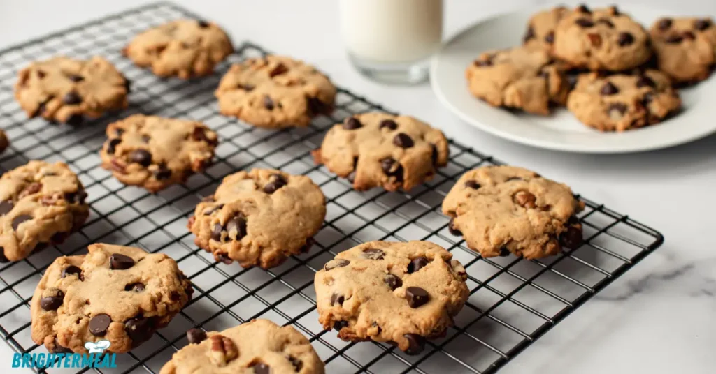 Close-up of freshly baked peanut butter chocolate chip cookies.