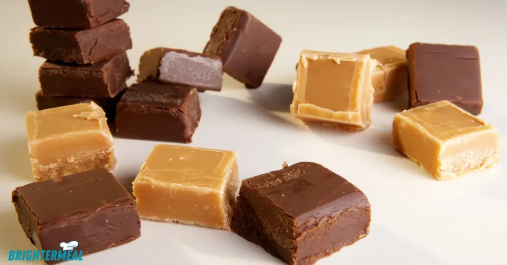 Creamy homemade fudge on a cutting board.
